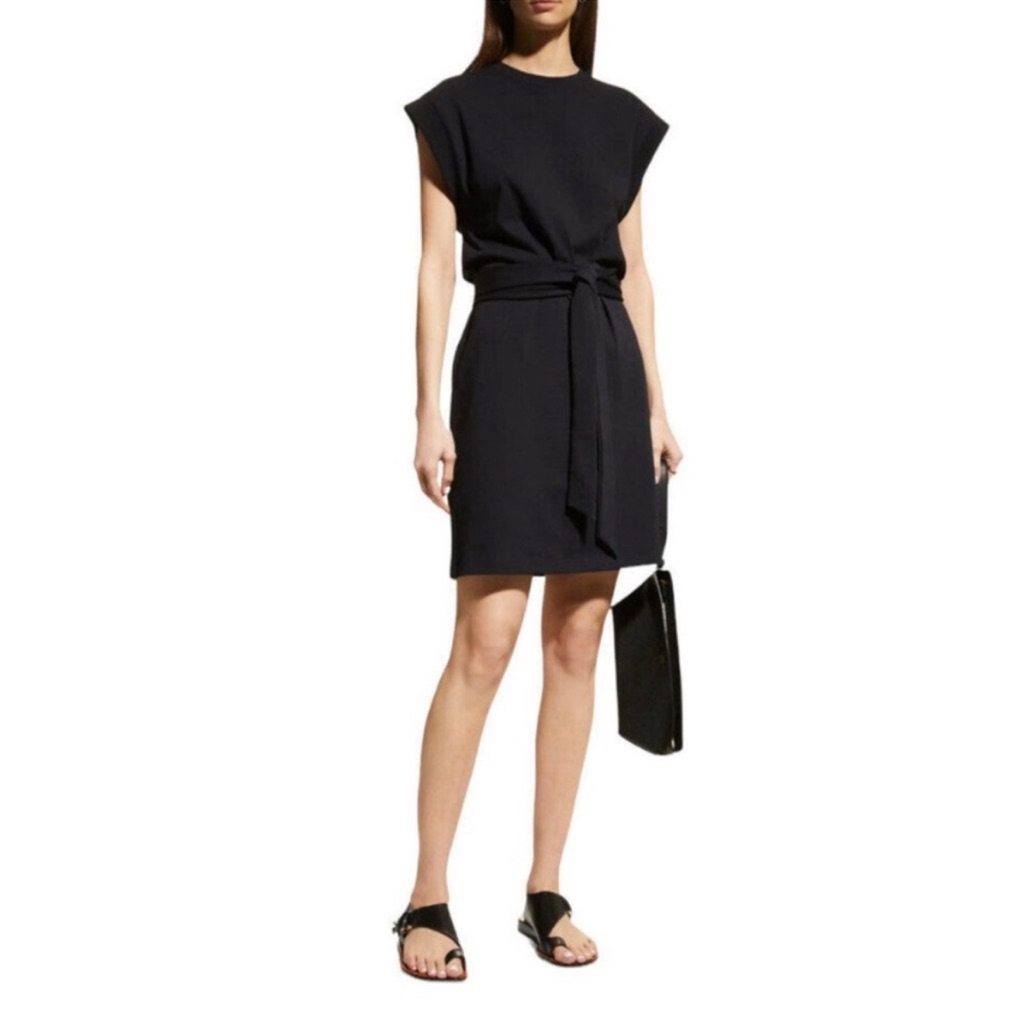 Vince Black Tie Waist Short Sleeve Cotton T-Shirt Dress Size Large